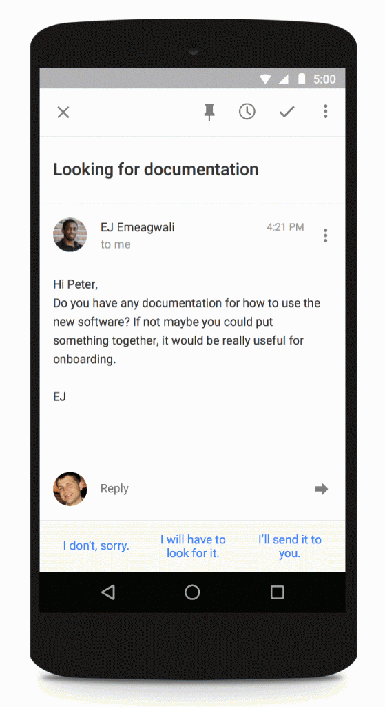 Ejemplo de las respuestas a disposición vía Smart Reply de Google Inbox.