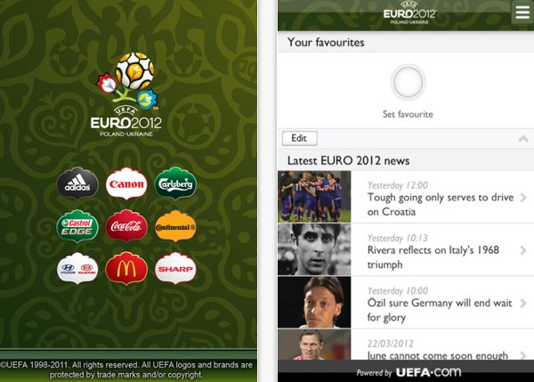 Vista de la app de la Eurocopa 2012 para iOS.