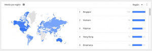 Ejemplo de resultados de tendencias de búsquedas en Google sobre el término "iphone", especificando interés por regiones